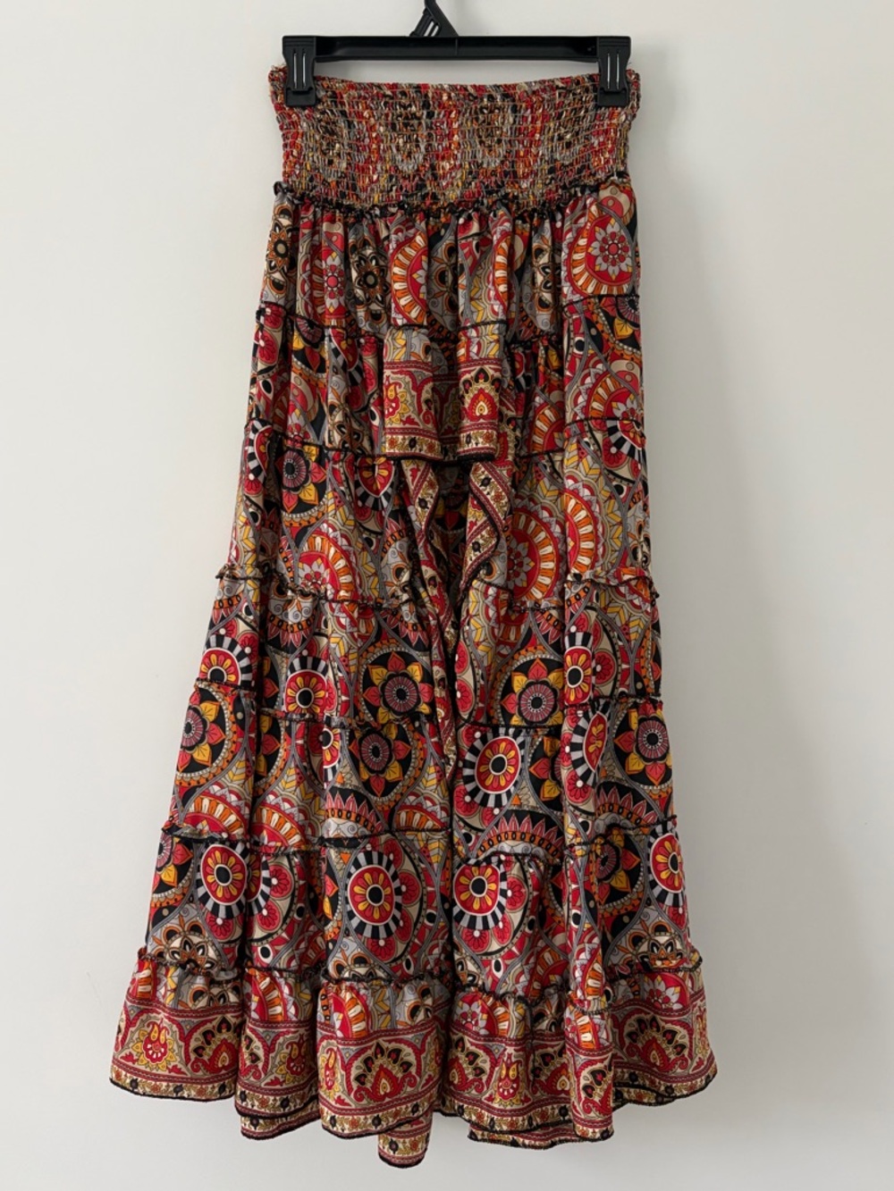 Zury Brown Red Silk Viscose Tiered Smocked Waist Ruffle Hi Low Skirt Boho Gypsy